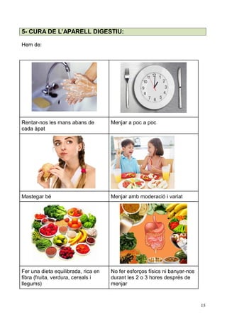 15 
5- CURA DE L’APARELL DIGESTIU: 
Hem de: 
Rentar-nos les mans abans de cada àpat 
Menjar a poc 
Mastegar bé 
Menjar amb moderació i variat 
Fer una dieta equilibrada, rica en fibra (fruita, verdura, cereals i llegums) 
No fer esforços físics ni banyar-nos durant les 2 o 3 hores després de menjar  