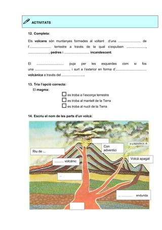  ACTIVITATS 
12. Completa: 
Els volcans són muntanyes formades al voltant d’una ......................... de 
l’........................ terrestre a través de la qual s’expulsen ....................., 
......................., pedres i ............................ incandescent. 
El .............................. puja per les esquerdes com si fos 
una ....................................... i surt a l’exterior en forma d’.................................. 
volcànica a través del ......................... 
13. Tria l’opció correcta: 
El magma: 
 es troba a l’escorça terrestre 
 es troba al mantell de la Terra 
 es troba al nucli de la Terra 
14. Escriu el nom de les parts d’un volcà: 
Riu de ... 
Volcà apagat 
.......... volcànic 
... 
Con 
adventici 
... …........... endurida 
 