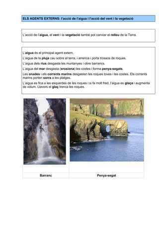 ELS AGENTS EXTERNS: l’acció de l’aigua i l’acció del vent i la vegetació 
L’acció de l’aigua, el vent i la vegetació també pot canviar el relleu de la Terra. 
L’aigua és el principal agent extern. 
L’aigua de la pluja cau sobre el terra, i arrenca i porta trossos de roques. 
L’aigua dels rius desgasta les muntanyes i obre barrancs. 
L’aigua del mar desgasta (erosiona) les costes i forma penya-segats. 
Les onades i els corrents marins desgasten les roques toves i les costes. Els corrents 
marins porten sorra a les platges. 
L’aigua es fica a les esquerdes de les roques i si fa molt fred, l’aigua es glaça i augmenta 
de volum. Llavors el glaç trenca les roques. 
Barranc Penya-segat 
 