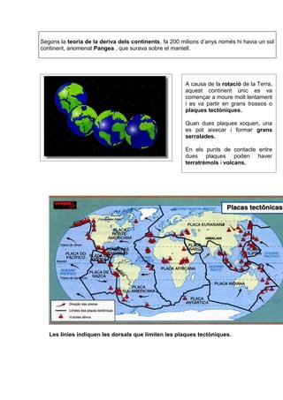 Segons la teoria de la deriva dels continents, fa 200 milions d’anys només hi havia un sol 
continent, anomenat Pangea , que surava sobre el mantell. 
A causa de la rotació de la Terra, 
aquest continent únic es va 
començar a moure molt lentament 
i es va partir en grans trossos o 
plaques tectòniques. 
Quan dues plaques xoquen, una 
es pot aixecar i formar grans 
serralades. 
En els punts de contacte entre 
dues plaques poden haver 
terratrèmols i volcans. 
Les línies indiquen les dorsals que limiten les plaques tectòniques. 
 