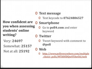 Text messageText keycode to 07624806527SmartphoneGo to poll4.com and enter keywordTwitterTweet keyword with comment to @pollWebhttp://www.polleverywhere.com/multiple_choice_polls/MTA0ODQwOTAwOA/webHow confident are you when assessing students’ online writing?Very: 24697Somewhat: 25157Not at all: 25192