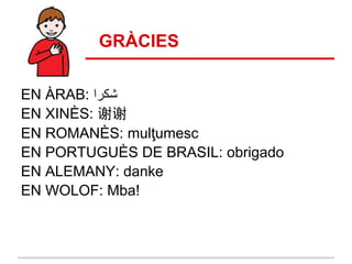 GRÀCIES

EN ÀRAB: ‫ﺷﻛرا‬
EN XINÈS: 谢谢
EN ROMANÈS: mulţumesc
EN PORTUGUÈS DE BRASIL: obrigado
EN ALEMANY: danke
EN WOLOF: Mba!
 