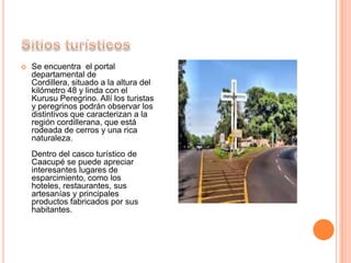  Se encuentra el portal
departamental de
Cordillera, situado a la altura del
kilómetro 48 y linda con el
Kurusu Peregrino. Allí los turistas
y peregrinos podrán observar los
distintivos que caracterizan a la
región cordillerana, que está
rodeada de cerros y una rica
naturaleza.
Dentro del casco turístico de
Caacupé se puede apreciar
interesantes lugares de
esparcimiento, como los
hoteles, restaurantes, sus
artesanías y principales
productos fabricados por sus
habitantes.
 