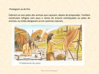 -Protegiam-se do frio
Cobriam-se com peles dos animais que caçavam, depois de preparadas. Também
construíam refúgios com paus e ramos de árvores entrelaçados ou peles de
animais, ou então abrigavam-se em cavernas naturais.
Maria Antónia Rodrigues
 
