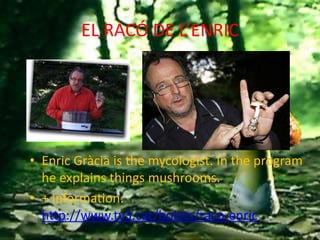 EL RACÓ DE L’ENRIC




• Enric Gràcia is the mycologist. In the program
  he explains things mushrooms.
• + information:
  http://www.tv3.cat/bolets/raco-enric
 