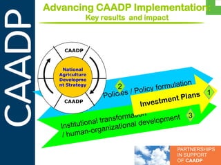 PARTNERSHIPS
IN SUPPORT
OF CAADP
Advancing CAADP Implementation:
Key results and impact
CAADP
CAADP
National
Agriculture
Developme
nt Strategy
1
3
2
 