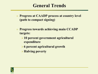 General Trends
        » Progress at CAADP process at country level
          (path to compact signing)

        » Progress towards achieving main CCADP
          targets:
            10 percent government agricultural
             expenditure
            6 percent agricultural growth
            Halving poverty




IFPRI
 