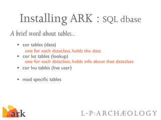 Installing ARK : SQL dbase
A brief word about tables..
  • cor tables (data)
       one for each dataclass, holds the data...