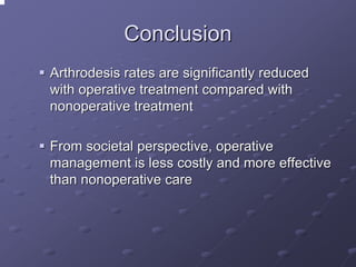 Conclusion
Arthrodesis rates are significantly reduced
with operative treatment compared with
nonoperative treatment
From societal perspective, operative
management is less costly and more effective
than nonoperative care

 