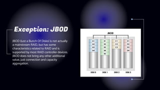 JBOD (Just a Bunch Of Disks) is not actually
a mainstream RAID, but has some
characteristics related to RAID and is
supported by most RAID controller devices.
JBOD does not bring any other additional
value, just connection and capacity
aggregation.
Exception: JBOD
 