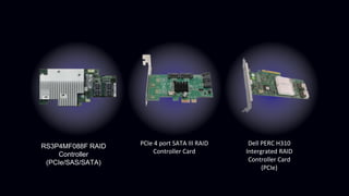 RS3P4MF088F RAID
Controller
(PCIe/SAS/SATA)
PCIe 4 port SATA III RAID
Controller Card
Dell PERC H310
Intergrated RAID
Controller Card
(PCIe)
 