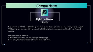 Hybrid software
RAID:
Two entry-level RAID 0 or RAID 1 for performance and data availability needs primarily. However, soft
RAID cannot use the boot drive because the RAID function is not present until the OS has finished
booting.
The application is aimed at:
1. The workstation does not require large data storage.
2. The entry-level server does not require boot protection.
Comparison
 