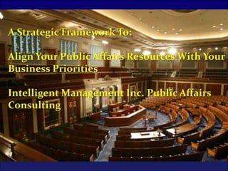 A Strategic Framework To:

Align Your Public Affairs Resources With Your
Business Priorities

Intelligent Management Inc. Public Affairs
Consulting
 