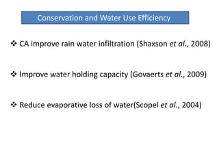Conservation and Water Use Efficiency
 CA improve rain water infiltration (Shaxson et al., 2008)
 Improve water holding capacity (Govaerts et al., 2009)
 Reduce evaporative loss of water(Scopel et al., 2004)
 
