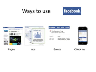 Ways to use




Pages      Ads        Events   Check Ins
 