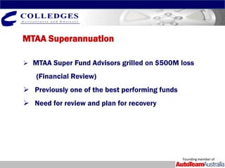 MTAA Superannuation

 MTAA Super Fund Advisors grilled on $500M loss

   (Financial Review)
 Previously one of the best performing funds
 Need for review and plan for recovery




                                                Founding member of
 