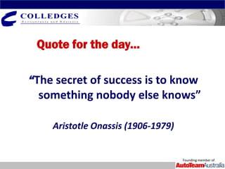 Quote for the day...

“The secret of success is to know
  something nobody else knows”

    Aristotle Onassis (1906-1979)


                                    Founding member of
 
