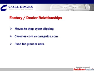 Factory / Dealer Relationships

 Moves to stop cyber slipping

 Carsales.com vs carsguide.com

 Push for greener cars




                                  Founding member of
 