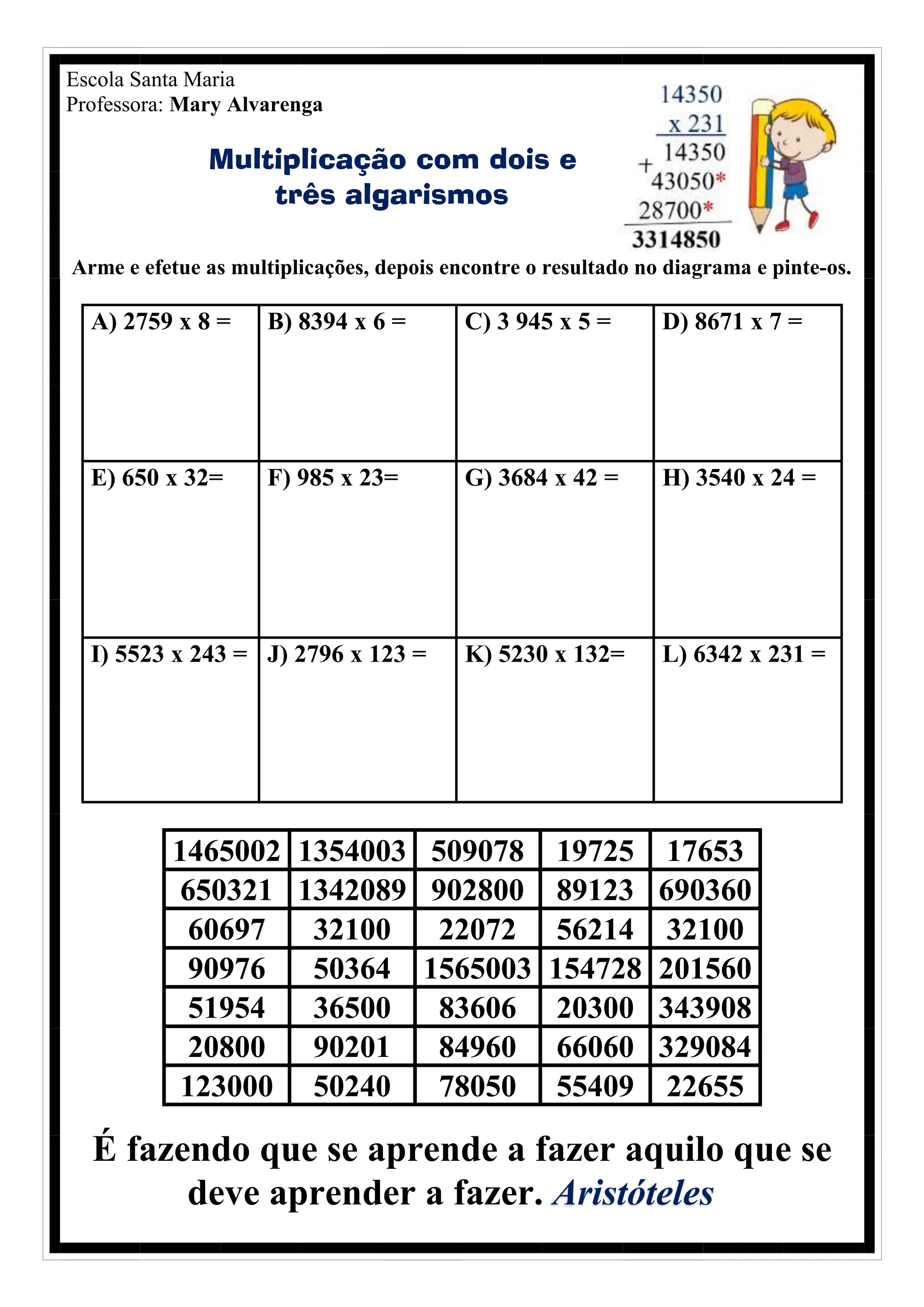 Caça números - Multiplicação com 2 e 3 algarismos. | PDF