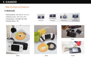 8. Multimedia  Watching Movies - AVI,  MPEG4, Xvid, Divx Listening to music -  OGG, WAV, MP3 Viewing photos - JPG, BMP, GIF, PNG Reading E-Books - TXT 3. CAANOO Movie Music E-book Photo Main Functions & Features 