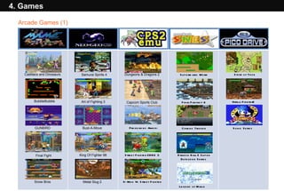 CAANOO is the gaming console  which runs the most number of Arcade games in the world. BubbleBubble GUNBIRD Snow Bros Cadillacs and Dinosaurs  Progear no Arashi  4. Games Arcade Games (1) Samurai Spirits 4 Art of Fighting 3 Bust-A-Move King Of Fighter 98 Metal Slug 2 Dungeons & Dragons 2 Capcom Sports Club Street Fighter ZERO 3 X-Men Vs Street Fighter Supermario World  Final Fantasy 6 Chrono Trigger Dragon Ball Z Super Butouden Series Legend of Mana ‎   Story of Thor Virtua Fighter2 Sonic Series  Final Fight 