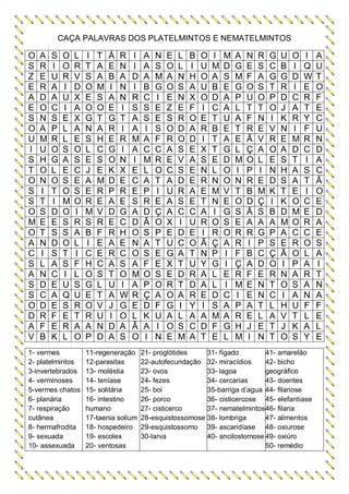 CAÇA PALAVRAS DOS PLATELMINTOS E NEMATELMINTOS

O
S
Z
E
A
E
S
O
U
I
S
T
O
S
S
O
M
O
A
C
S
A
S
S
O
D
A
V

A
R
E
R
D
O
N
A
M
U
H
O
N
I
T
S
E
T
N
I
L
N
D
C
D
R
F
B

S
I
U
A
A
C
S
P
R
O
G
L
O
T
I
D
E
S
D
S
A
C
E
A
E
F
E
K

O
O
R
I
U
I
E
L
L
S
A
E
S
O
M
O
S
S
O
T
S
I
U
Q
S
E
R
L

L
R
V
D
X
A
X
A
E
O
S
C
E
S
O
I
R
A
L
I
F
L
S
U
R
T
A
O

1- vermes
2- platelmintos
3-invertebrados
4- verminoses
5-vermes chatos
6- planária
7- respiração
cutânea
8- hermafrodita
9- sexuada
10- assexuada

I
T
S
O
E
O
G
N
S
L
E
J
A
E
R
M
S
B
I
C
H
O
G
E
O
R
A
P

T
A
A
M
S
O
T
A
H
C
S
E
M
R
E
V
R
F
E
E
C
S
L
T
V
U
N
D

Á
E
B
I
A
E
G
R
E
G
O
K
D
P
A
D
E
R
A
R
A
T
U
A
J
I
D
A

R
N
A
N
N
I
T
I
R
I
N
X
E
R
E
G
C
H
E
C
S
O
I
W
G
O
A
S

I
I
D
I
R
S
A
A
M
A
I
E
C
E
S
A
D
O
N
O
A
M
A
R
E
L
Ã
O

11-regeneração
12-parasitas
13- moléstia
14- teníase
15- solitária
16- intestino
humano
17-taenia solium
18- hospedeiro
19- escolex
20- ventosas

A
A
A
B
C
S
S
I
A
C
M
L
A
P
R
D
Ã
S
A
S
F
O
P
Ç
D
K
A
I

N
S
M
G
I
E
E
S
F
C
R
O
T
I
E
Ç
O
P
T
E
E
S
O
A
F
U
I
N

E
O
A
O
E
Z
S
O
R
A
E
C
A
U
A
A
X
E
U
G
X
E
R
O
G
A
O
E

L
L
N
S
N
E
R
D
O
S
V
S
D
R
S
C
I
D
C
A
T
D
T
A
I
L
S
M

B
I
H
A
X
F
O
A
D
E
A
E
E
A
E
C
U
E
O
T
U
R
D
R
Y
A
C
A

O
U
O
U
O
I
E
R
I
X
S
N
R
E
T
A
R
I
Ã
N
Y
A
A
E
I
A
D
T

I
M
A
B
D
C
T
B
T
T
E
L
N
M
N
I
O
R
Ç
P
G
L
L
D
S
M
F
E

M
D
S
E
A
A
U
E
A
G
D
O
O
V
E
G
S
O
A
I
I
E
I
C
A
A
G
L

A
G
M
G
P
L
A
T
E
L
M
I
N
T
O
S
E
R
R
F
Ç
R
M
I
P
R
H
M

N
E
F
O
U
T
F
R
Ã
Ç
O
P
R
B
D
Ã
A
R
I
B
A
F
E
E
A
E
J
I

R
S
A
S
O
T
N
E
V
A
L
I
E
M
Ç
S
A
G
P
C
D
E
N
N
T
L
E
N

G
C
G
T
P
O
I
V
R
O
E
N
D
K
I
B
A
P
S
Ç
O
R
T
C
L
A
T
T

U
B
G
R
D
J
K
N
E
A
S
H
S
T
K
D
M
A
E
Ã
I
N
O
I
H
V
J
O

O
I
D
I
C
A
R
I
M
D
T
A
A
E
O
M
O
C
R
O
P
A
S
A
U
T
K
S

I
Q
W
E
R
T
Y
F
R
C
I
S
T
I
C
E
R
C
O
L
A
R
A
N
F
L
A
Y

21- proglótides
31- fígado
41- amarelão
22-autofecundação 32- miracídios
42- bicho
23- ovos
33- lagoa
geográfico
24- fezes
34- cercarias
43- doentes
25- boi
35-barriga d’agua 44- filariose
26- porco
36- cisticercose 45- elefantíase
27- cisticerco
37- nematelmintos 46- filaria
28-esquistossomose 38- lombriga
47- alimentos
29-esquistossomo 39- ascaridíase 48- oxiurose
30-larva
40- ancilostomose 49- oxiúro
50- remédio

A
U
T
O
F
E
C
U
N
D
A
C
Ã
O
E
D
A
E
S
A
I
T
N
A
F
E
L
E

 