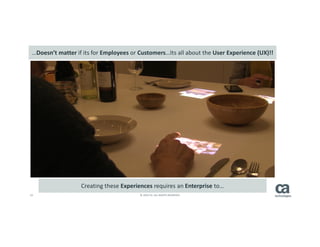 14 © 2014 CA. ALL RIGHTS RESERVED.
…Doesn’t matter if its for Employees or Customers…Its all about the User Experience (UX)!!
Creating these Experiences requires an Enterprise to…
 