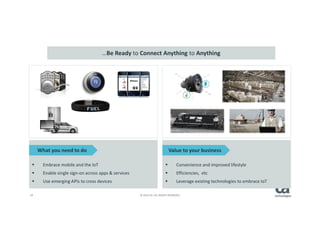 18 © 2014 CA. ALL RIGHTS RESERVED.
Embrace mobile and the IoT
Enable single sign-on across apps & services
Use emerging APIs to cross devices
Convenience and improved lifestyle
Efficiencies, etc
Leverage existing technologies to embrace IoT
What you need to do Value to your business
…Be Ready to Connect Anything to Anything
 