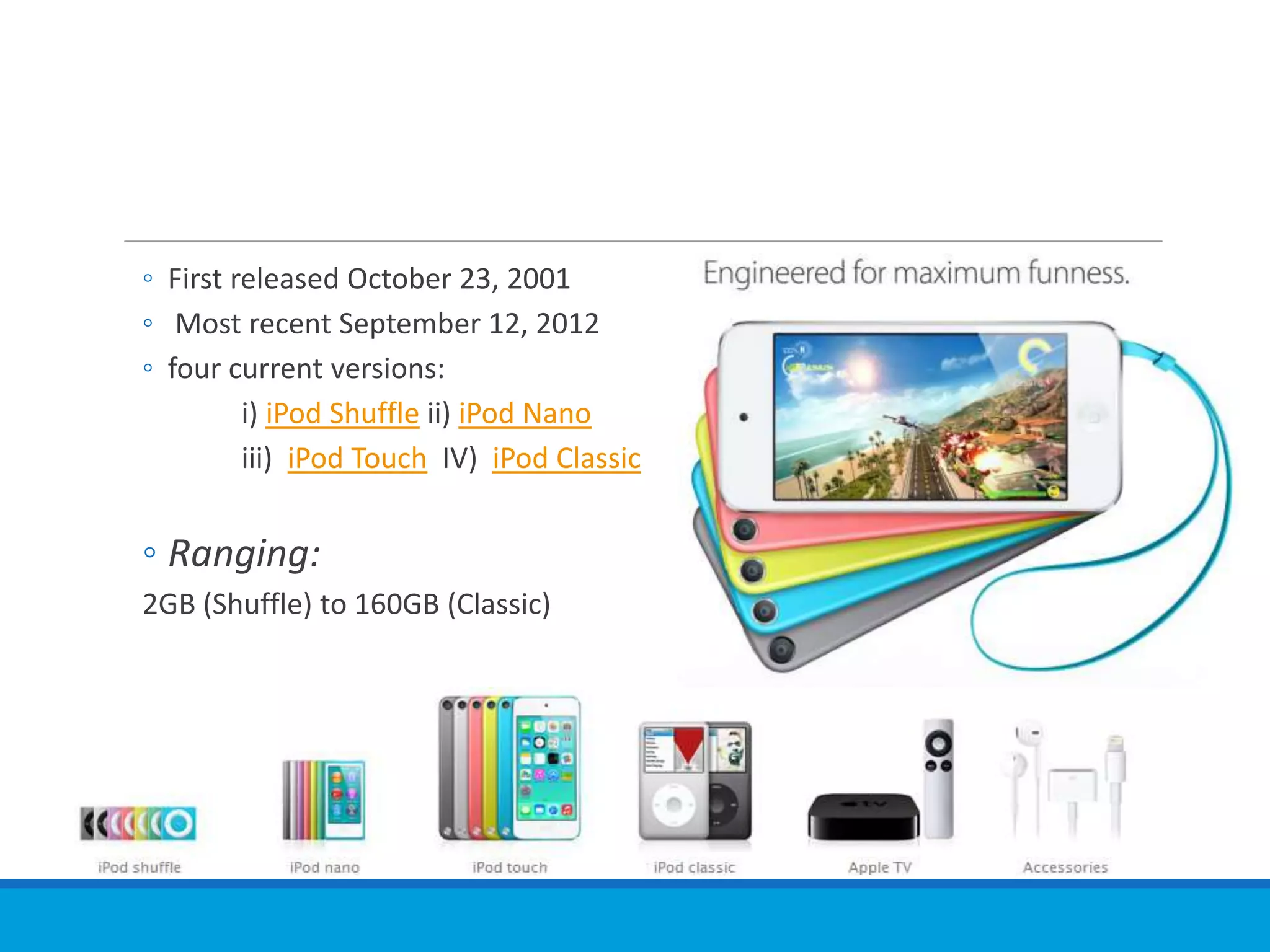 ◦ First released October 23, 2001
◦ Most recent September 12, 2012
◦ four current versions:
i) iPod Shuffle ii) iPod Nano
iii) iPod Touch IV) iPod Classic
◦ Ranging:
2GB (Shuffle) to 160GB (Classic)
 