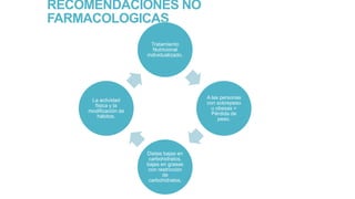 RECOMENDACIONES NO
FARMACOLOGICAS
Tratamiento
Nutricional
individualizado.

A las personas
con sobrepeso
u obesas =
Pérdida de
peso.

La actividad
física y la
modificación de
hábitos.

Dietas bajas en
carbohidratos,
bajas en grasas
con restricción
de
carbohidratos.

 