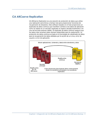 CA ARCserve Replication




CA ARCserve Replication
            CA ARCserve Replication es una solución de protección de datos que utiliza
            una replicación asincrónica a tiempo real para proporcionar funciones de
            recuperación de desastres. Este software basado en el host proporciona un
            duplicado de datos continuo que transfiere cambios a los datos de aplicación
            como se realiza en un servidor duplicado en espera ubicada localmente o en
            una red de área extensa (WAN). El duplicado de datos continuo asegura que
            los datos más recientes están siempre disponibles para la restauración. La
            protección de datos continua se basa en la tecnología de rebobinado de datos
            para la recuperación de datos dañados por la acción de un virus, error de
            usuario o error de aplicación.




            Capítulo 1: Integración de CA ARCserve Replication con CA ARCserve Backup 11
 