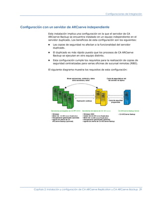 Configuraciones de integración




Configuración con un servidor de ARCserve independiente

                   Esta instalación implica una configuración en la que el servidor de CA
                   ARCserve Backup se encuentra instalado en un equipo independiente en el
                   servidor duplicado. Los beneficios de esta configuración son los siguientes:
                   ■   Las copias de seguridad no afectan a la funcionalidad del servidor
                       duplicado.
                   ■   El duplicado es más rápido puesto que los procesos de CA ARCserve
                       Backup se ejecutan en otro equipo distinto.
                   ■   Esta configuración cumple los requisitos para la realización de copias de
                       seguridad centralizadas para varias oficinas de sucursal remotas (RBO).

                   El siguiente diagrama muestra los requisitos de esta configuración:




        Capítulo 2: Instalación y configuración de CA ARCserve Replication y CA ARCserve Backup 29
 