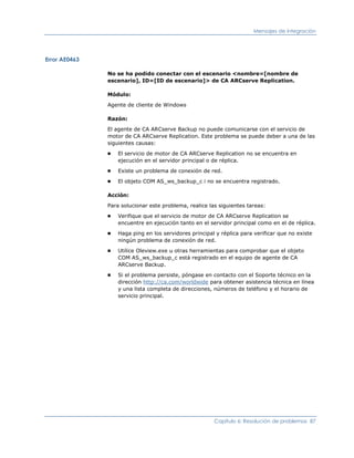 Mensajes de integración




Error AE0463

               No se ha podido conectar con el escenario <nombre=[nombre de
               escenario], ID=[ID de escenario]> de CA ARCserve Replication.

               Módulo:

               Agente de cliente de Windows

               Razón:

               El agente de CA ARCserve Backup no puede comunicarse con el servicio de
               motor de CA ARCserve Replication. Este problema se puede deber a una de las
               siguientes causas:
               ■   El servicio de motor de CA ARCserve Replication no se encuentra en
                   ejecución en el servidor principal o de réplica.
               ■   Existe un problema de conexión de red.
               ■   El objeto COM AS_ws_backup_c i no se encuentra registrado.

               Acción:

               Para solucionar este problema, realice las siguientes tareas:
               ■   Verifique que el servicio de motor de CA ARCserve Replication se
                   encuentre en ejecución tanto en el servidor principal como en el de réplica.
               ■   Haga ping en los servidores principal y réplica para verificar que no existe
                   ningún problema de conexión de red.
               ■   Utilice Oleview.exe u otras herramientas para comprobar que el objeto
                   COM AS_ws_backup_c está registrado en el equipo de agente de CA
                   ARCserve Backup.
               ■   Si el problema persiste, póngase en contacto con el Soporte técnico en la
                   dirección http://ca.com/worldwide para obtener asistencia técnica en línea
                   y una lista completa de direcciones, números de teléfono y el horario de
                   servicio principal.




                                                        Capítulo 6: Resolución de problemas 87
 