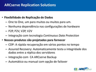 ARCserve Replication Solutions


• Flexibilidade de Replicação de Dados
   – One to One, um para muitos ou muitos para um.
   – Nenhuma dependência nas configurações de hardware
   – P2P, P2V, V2P, V2V
   – Integração com tecnologia Continuous Data Protection
• Nossos produtos são projetados para fornecer
   – CDP: A rápida recuperação em vários pontos no tempo
   – Assured Recovery: Automaticamente testa a integridade dos
     dados entre a réplica dos servidores
   – Integração com CA ARCserve Backup
   – Automático ou manual com opção de failover
 