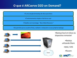 O que é ARCserve D2D on Demand?

                 •É uma solução de backup de disco para disco


                   •É extremamente simples e fácil de se usar

               •Trabalha com tecnologia “Bare Metal Recovery “


•Ela permite que os usuários finais, realizem e restaurem os seus próprios backups


                                                                    •Backup local em disco ou
                                                                    dispositivo removível

                                                                                    •Backup
                                                                               utilizando Share
                                                                                     •NAS / CIFS
                                                                                      •Nuvem
 