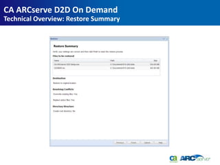 CA ARCserve D2D On Demand
Technical Overview: Restore Summary
 