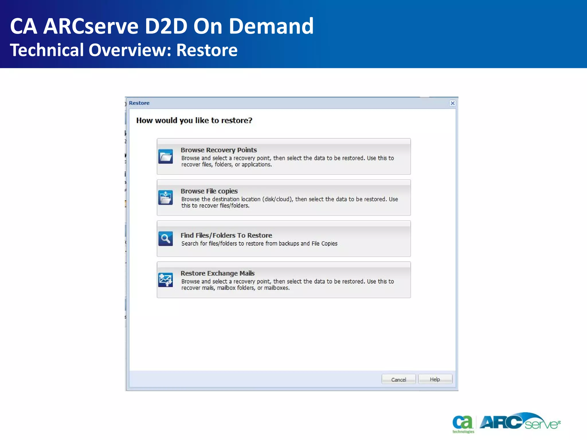 CA ARCserve D2D On Demand
Technical Overview: Restore
 