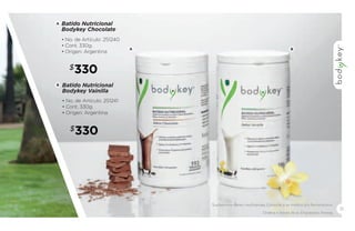 11 
A B 
A Batido Nutricional 
Bodykey Chocolate 
• No. de Artículo: 251240 
• Cont. 330g. 
• Origen: Argentina 
$330 
B Batido Nutricional 
Bodykey Vainilla 
• No. de Artículo: 251241 
• Cont. 330g. 
• Origen: Argentina 
$330 
Suplementa dietas insuficientes. Consulte a su médico y/o farmacéutico. 
Ordena a través de tu Empresario Amway. 
 