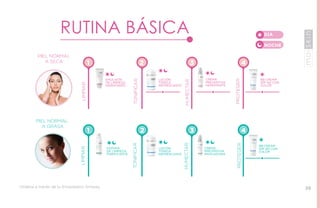 DÍA 
NOCHE 
Rutina Básica 
PIEL NORMAL 
A SECA 
PIEL NORMAL 
A GRASA 
limpiar 
TONIFICAR 
HUMECTAR 
PROTEGER 
limpiar 
TONIFICAR 
PROTEGER 
HUMECTAR 
BB CREAM 
SPF 60 CON 
COLOR 
ESPUMA 
DE LIMPIEZA 
PURIFICANTE 
BB CREAM 
SPF 60 CON 
COLOR 
EMULSIÓN 
DE LIMPIEZA 
HIDRATANTE 
LOCIÓN 
TÓNICA 
REFRESCANTE 
LOCIÓN 
TÓNICA 
REFRESCANTE 
CREMA 
PREVENTIVA 
HIDRATANTE 
CREMA 
PREVENTIVA 
NIVELADORA 
1 
1 
2 
2 
3 
3 
4 
4 
Ordena a través de tu Empresario Amway. 39 
 