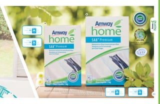 Rinde 
hasta 250 
cargas 
de 
2kg* 
Rinde 
hasta 107 
cargas 
de 
6kg* 
A 
B 
Rinde 
hasta 83 
cargas 
de 
2kg* 
Rinde 
hasta 36 
cargas 
de 
6kg* 
85 
*El rendimiento puede variar de acuerdo al tamaño de la carga y la suciedad de la ropa. 
*Consulta las instrucciones de uso en la etiqueta del producto. 
*Ordena a través de tu Empresario Amway. 
 