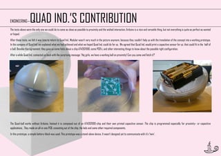 QUAD IND.’S CONTRIBUTION

ENGINEERING—

The tests above were the only one we could do to come as close as possible to proximity and the wished interaction. Arduino is a nice and versatile thing, but not everything is quite as perfect as wanted
or hoped.
After those tests, we felt it was time to return to Quad Ind.. Modular wasn’t very much in the picture anymore, because they couldn’t help us with the translation of the concept into a working prototype.
In the company of Quad Ind. we explained what we had achieved and what we hoped Quad Ind. could do for us. We agreed that Quad Ind. would print a capacitive sensor for us, that could fit in the half of
a ball. Besides this agreement, they gave us some hints about a chip AT42QT1010, some PCB’s, and other interesting things to know about the possible right configuration.
After a while Quad Ind. contacted us back with the surprising message: ‘Hej girls, we have a working ball on proximity! Can you come and fetch it?’

The Quad-ball works without Arduino. Instead it is composed out of an AT42QT1010-chip and their own printed capacitive sensor. The chip is programmed especially for proximity– or capacitive
applications. They made an all-in-one PCB, consisting out of the chip, the leds and some other required components.
In this prototype, a simple battery-block was used. This prototype was a stand-alone device. It wasn’t designed yet to communicate with it’s ‘twin’.

35

 