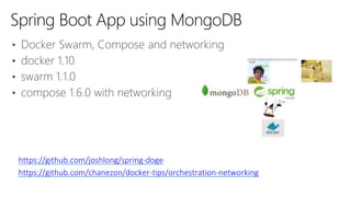 • Docker Swarm, Compose and networking
• docker 1.10
• swarm 1.1.0
• compose 1.6.0 with networking
Spring Boot App using MongoDB
https://github.com/joshlong/spring-doge
https://github.com/chanezon/docker-tips/orchestration-networking
 
