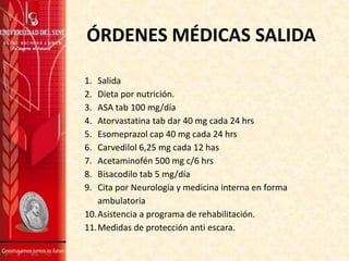 ÓRDENES MÉDICAS SALIDA
1.
2.
3.
4.
5.
6.
7.
8.
9.

Salida
Dieta por nutrición.
ASA tab 100 mg/día
Atorvastatina tab dar 40 mg cada 24 hrs
Esomeprazol cap 40 mg cada 24 hrs
Carvedilol 6,25 mg cada 12 has
Acetaminofén 500 mg c/6 hrs
Bisacodilo tab 5 mg/día
Cita por Neurología y medicina interna en forma
ambulatoria
10.Asistencia a programa de rehabilitación.
11.Medidas de protección anti escara.

 