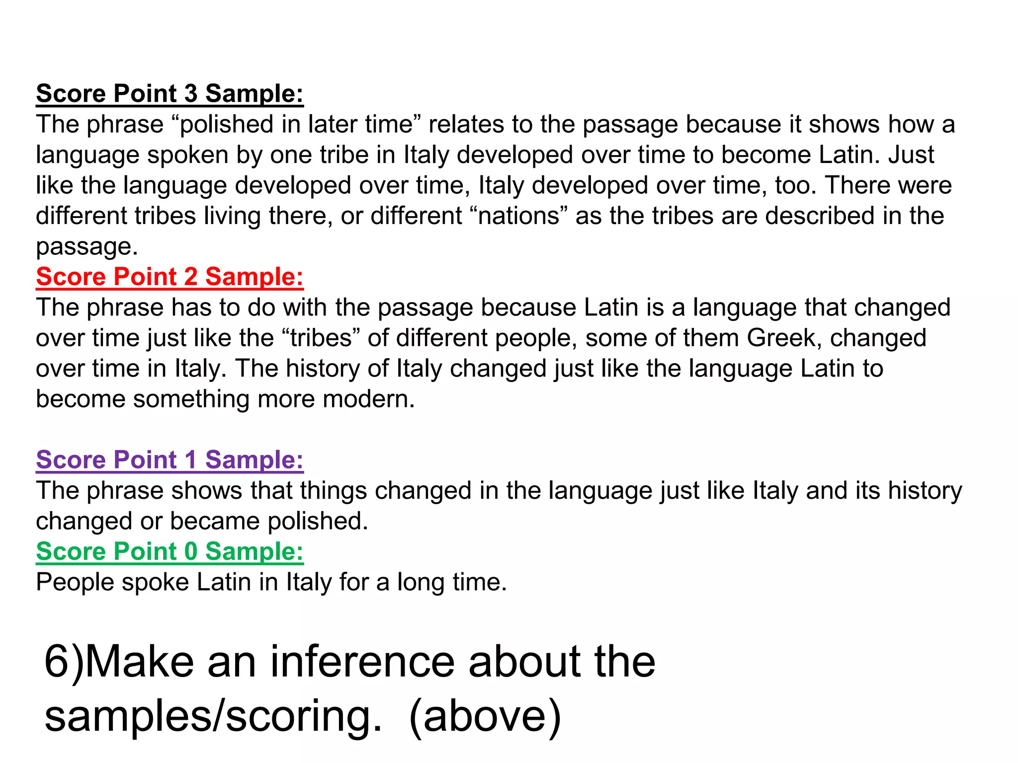 Score Point 3 Sample:
The phrase “polished in later time” relates to the passage because it shows how a
language spoken by one tribe in Italy developed over time to become Latin. Just
like the language developed over time, Italy developed over time, too. There were
different tribes living there, or different “nations” as the tribes are described in the
passage.
Score Point 2 Sample:
The phrase has to do with the passage because Latin is a language that changed
over time just like the “tribes” of different people, some of them Greek, changed
over time in Italy. The history of Italy changed just like the language Latin to
become something more modern.
Score Point 1 Sample:
The phrase shows that things changed in the language just like Italy and its history
changed or became polished.
Score Point 0 Sample:
People spoke Latin in Italy for a long time.
6)Make an inference about the
samples/scoring. (above)
 