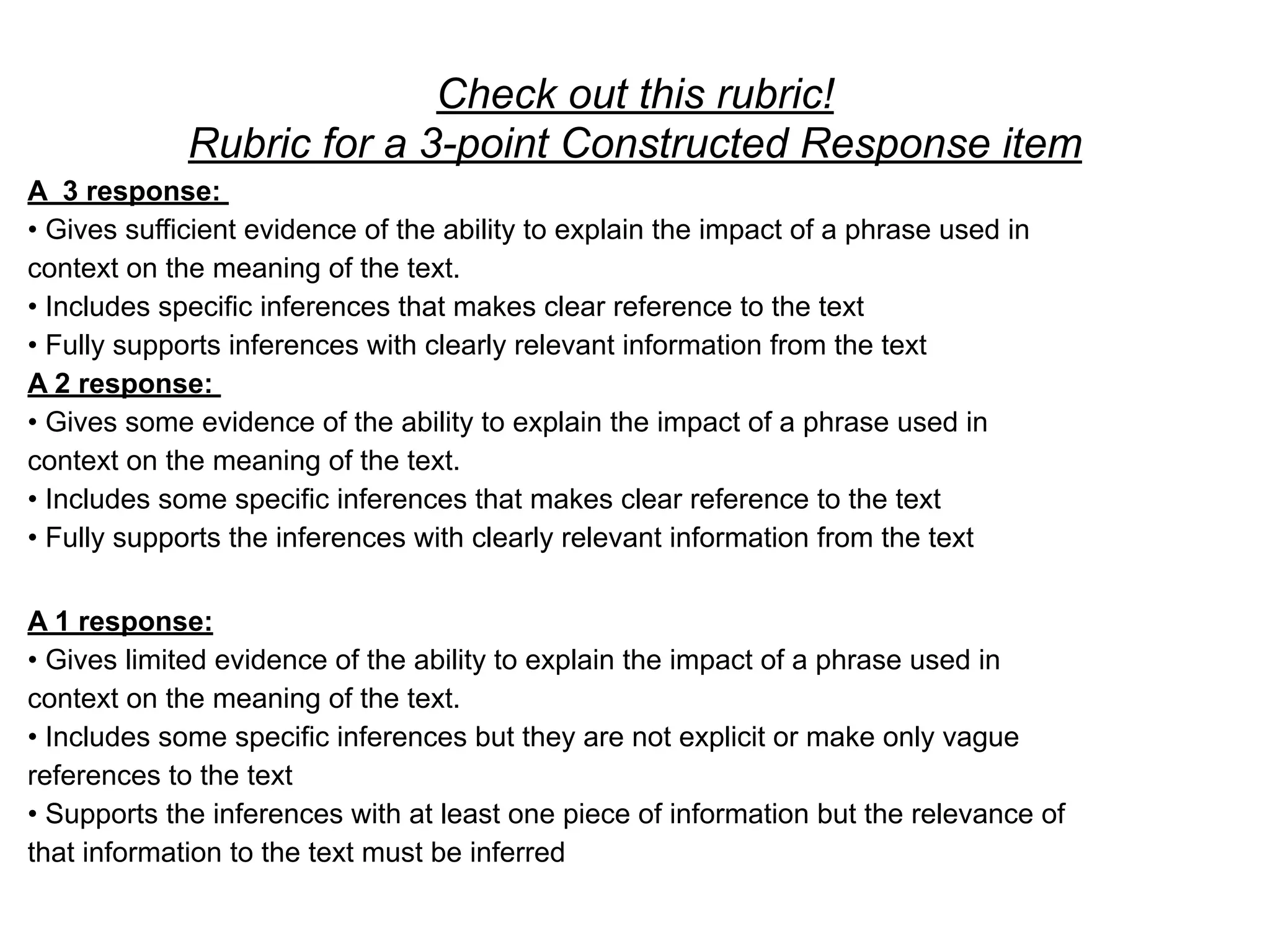 Check out this rubric! 
Rubric for a 3-point Constructed Response item
A 3 response:
• Gives sufficient evidence of the ability to explain the impact of a phrase used in
context on the meaning of the text.
• Includes specific inferences that makes clear reference to the text
• Fully supports inferences with clearly relevant information from the text
A 2 response:
• Gives some evidence of the ability to explain the impact of a phrase used in
context on the meaning of the text.
• Includes some specific inferences that makes clear reference to the text
• Fully supports the inferences with clearly relevant information from the text
!
A 1 response:
• Gives limited evidence of the ability to explain the impact of a phrase used in
context on the meaning of the text.
• Includes some specific inferences but they are not explicit or make only vague
references to the text
• Supports the inferences with at least one piece of information but the relevance of
that information to the text must be inferred
 