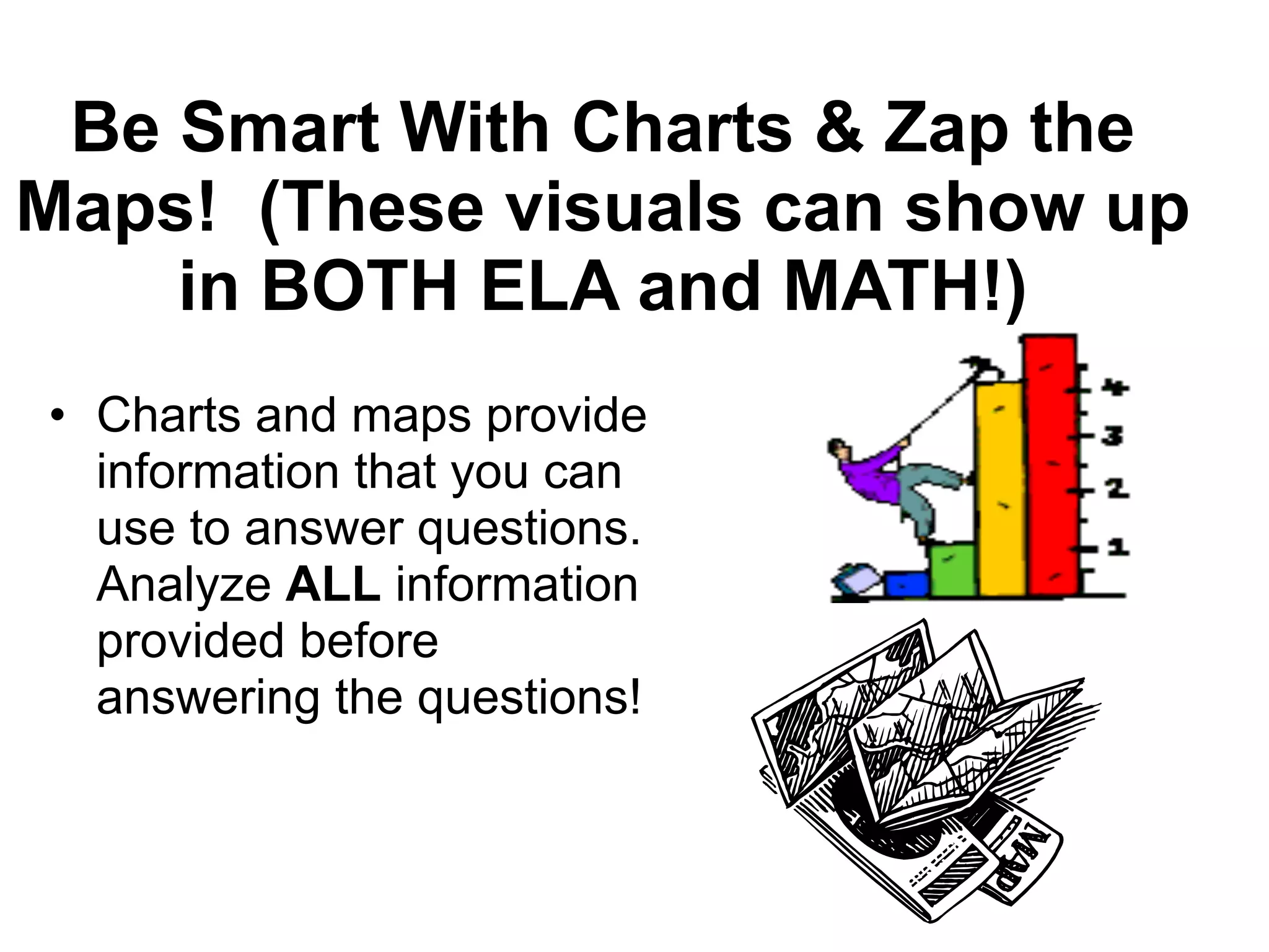 Be Smart With Charts & Zap the
Maps! (These visuals can show up
in BOTH ELA and MATH!)
• Charts and maps provide
information that you can
use to answer questions.
Analyze ALL information
provided before
answering the questions!
 