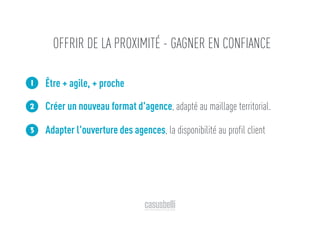 Être + agile, + proche
Créer un nouveau format d'agence, adapté au maillage territorial.
Adapter l'ouverture des agences, la disponibilité au profil client
1
2
3
OFFRIR DE LA PROXIMITÉ - GAGNER EN CONFIANCE
 