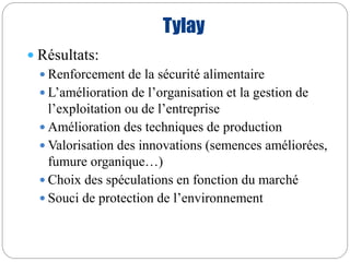 Tylay 
 Résultats: 
 Renforcement de la sécurité alimentaire 
 L’amélioration de l’organisation et la gestion de 
l’exploitation ou de l’entreprise 
Amélioration des techniques de production 
Valorisation des innovations (semences améliorées, 
fumure organique…) 
 Choix des spéculations en fonction du marché 
 Souci de protection de l’environnement 
 