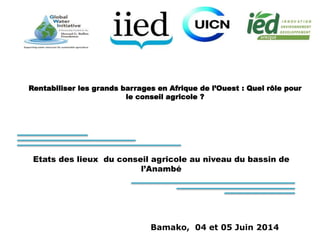 Rentabiliser les grands barrages en Afrique de l’Ouest : Quel rôle pour 
le conseil agricole ? 
Etats des lieux du conseil agricole au niveau du bassin de 
l’Anambé 
Bamako, 04 et 05 Juin 2014 
 