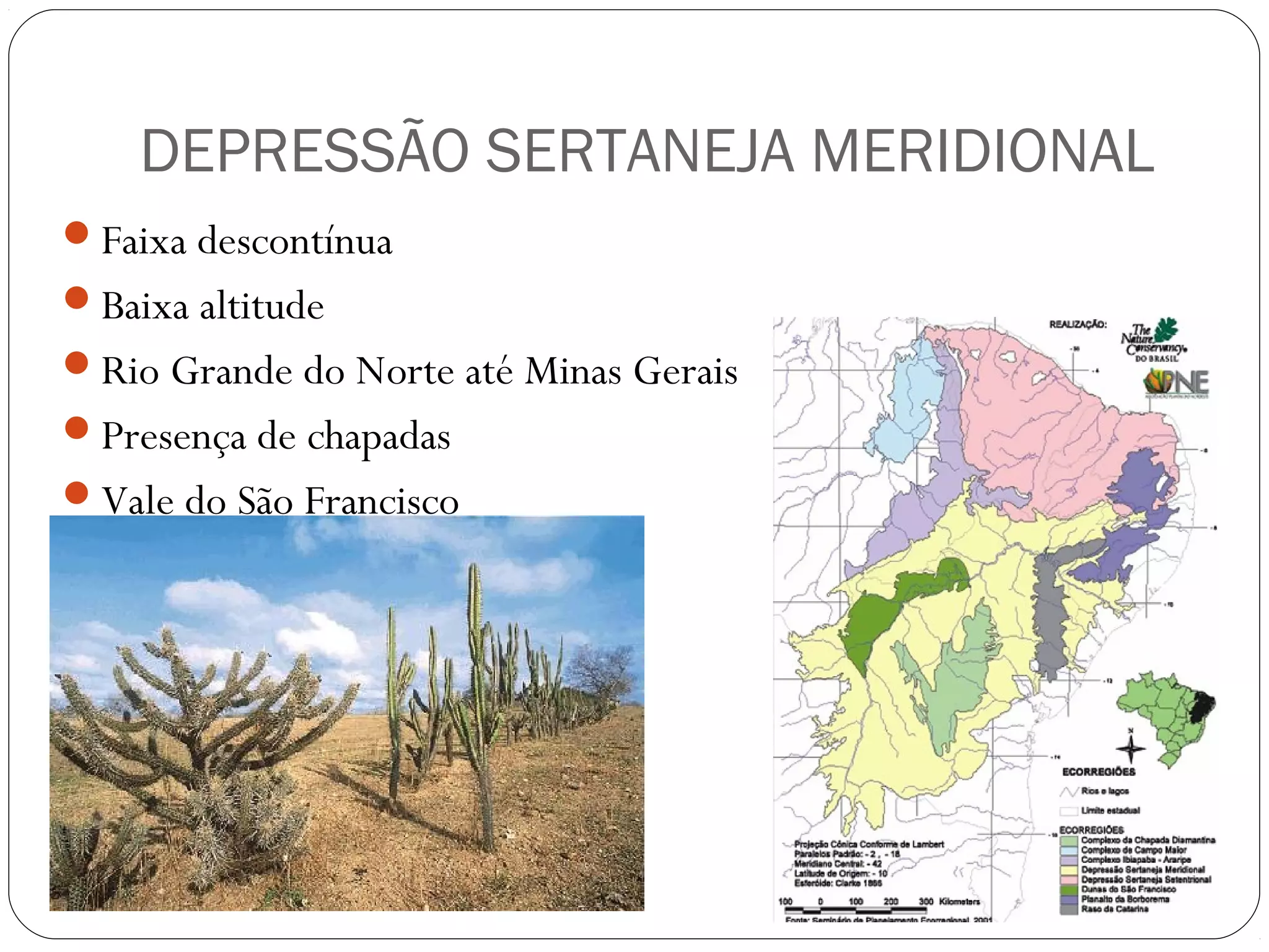 DEPRESSÃO SERTANEJA MERIDIONAL
Faixa descontínua
Baixa altitude
Rio Grande do Norte até Minas Gerais
Presença de chapadas
Vale do São Francisco
 